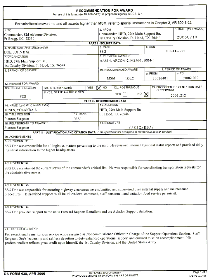 DA Form 638 Instructions for Commendation Medal